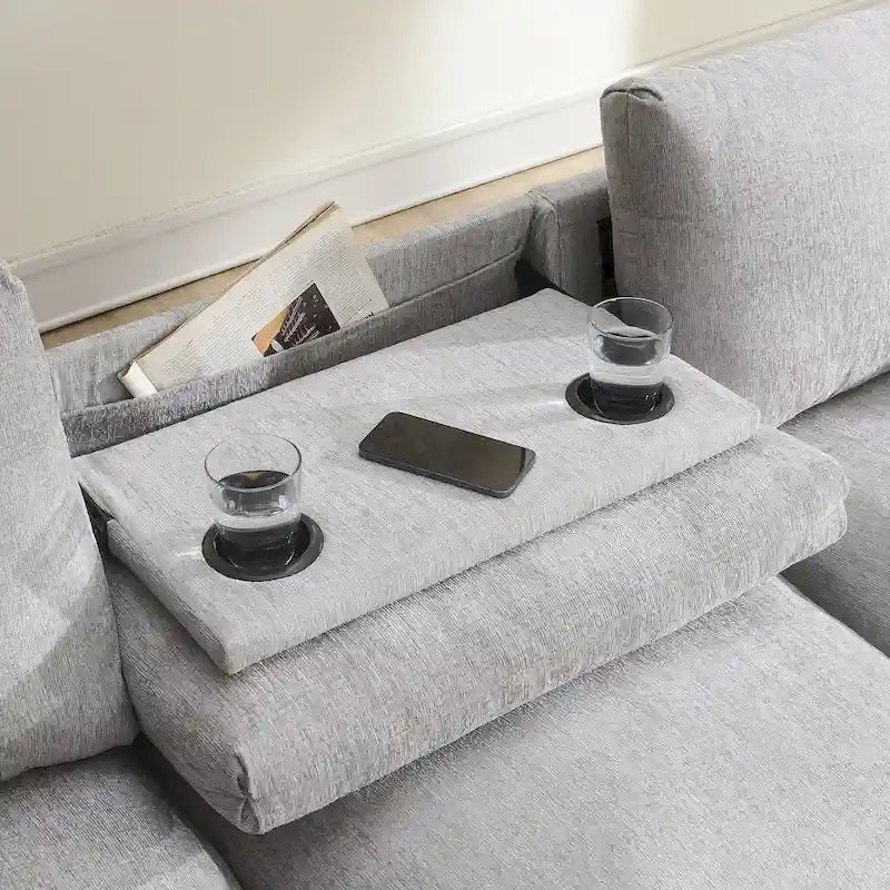 96  Chenille Smart Sectional Sofa with Bluetooth Speaker, Drop-Down Table & USB Charger and 3-Seater Cloud Couch
