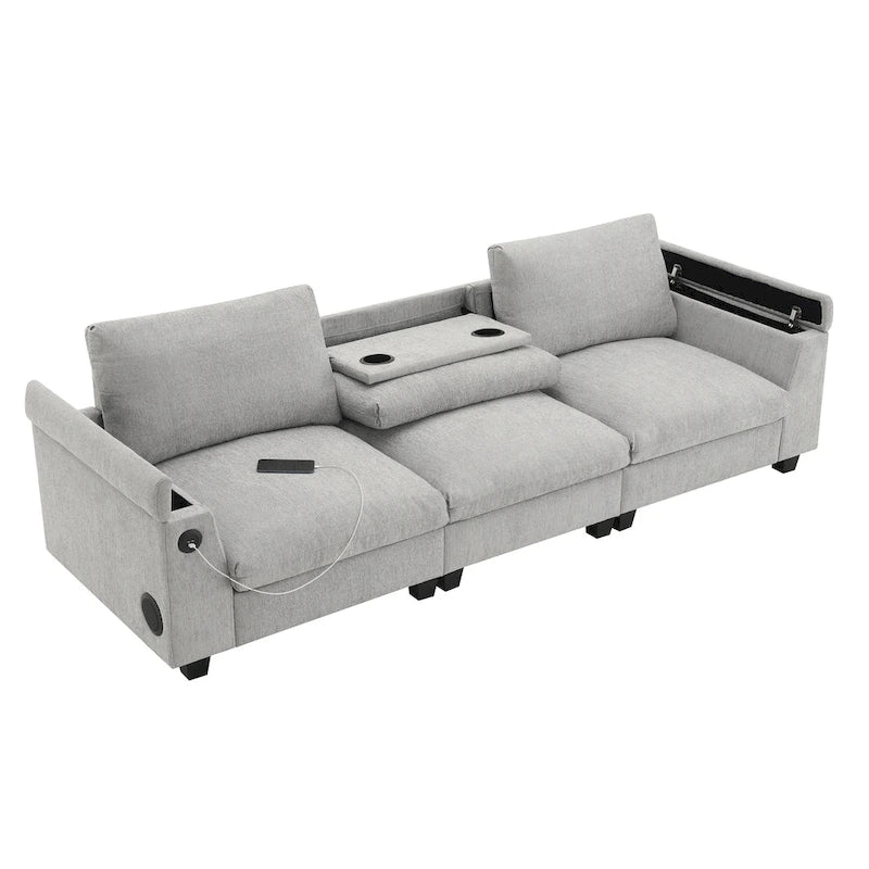 96  Chenille Smart Sectional Sofa with Bluetooth Speaker, Drop-Down Table & USB Charger and 3-Seater Cloud Couch