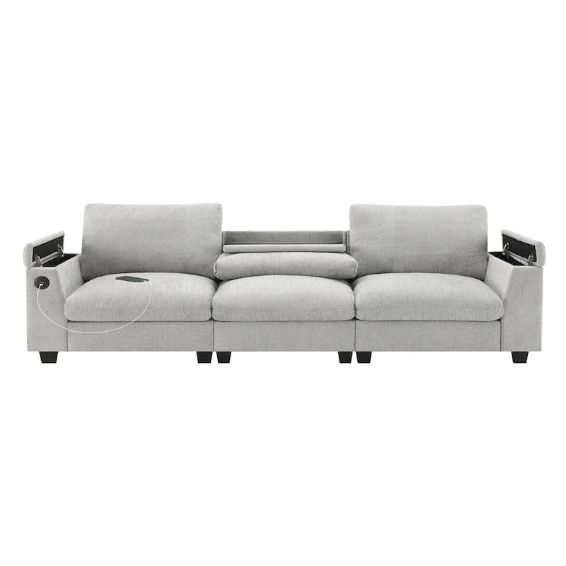 96  Chenille Smart Sectional Sofa with Bluetooth Speaker, Drop-Down Table & USB Charger and 3-Seater Cloud Couch