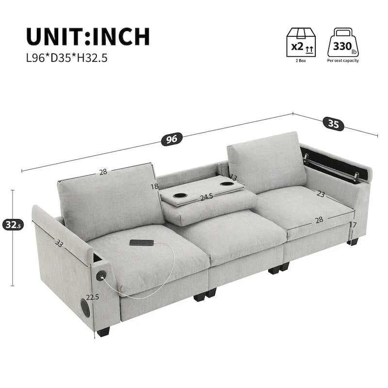 96  Chenille Smart Sectional Sofa with Bluetooth Speaker, Drop-Down Table & USB Charger and 3-Seater Cloud Couch
