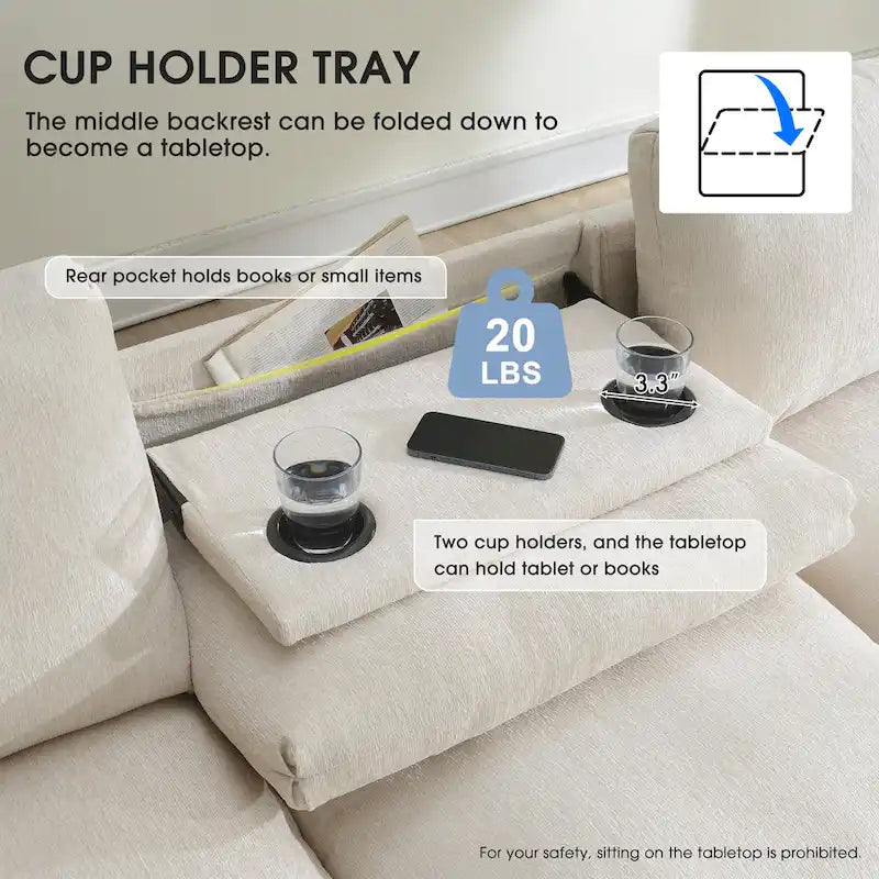 96  Chenille Smart Sectional Sofa with Bluetooth Speaker, Drop-Down Table & USB Charger and 3-Seater Cloud Couch