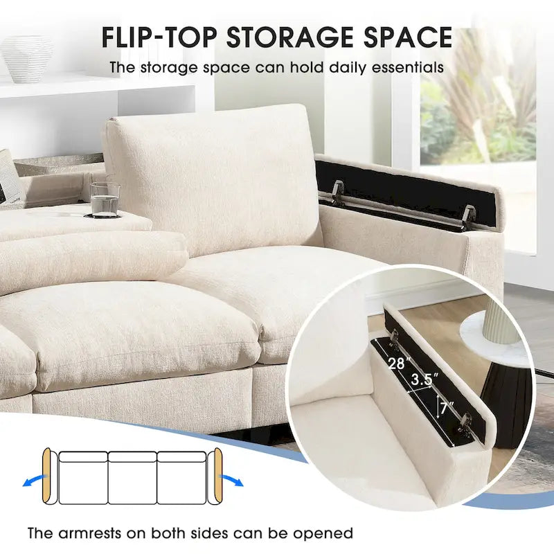 96  Chenille Smart Sectional Sofa with Bluetooth Speaker, Drop-Down Table & USB Charger and 3-Seater Cloud Couch