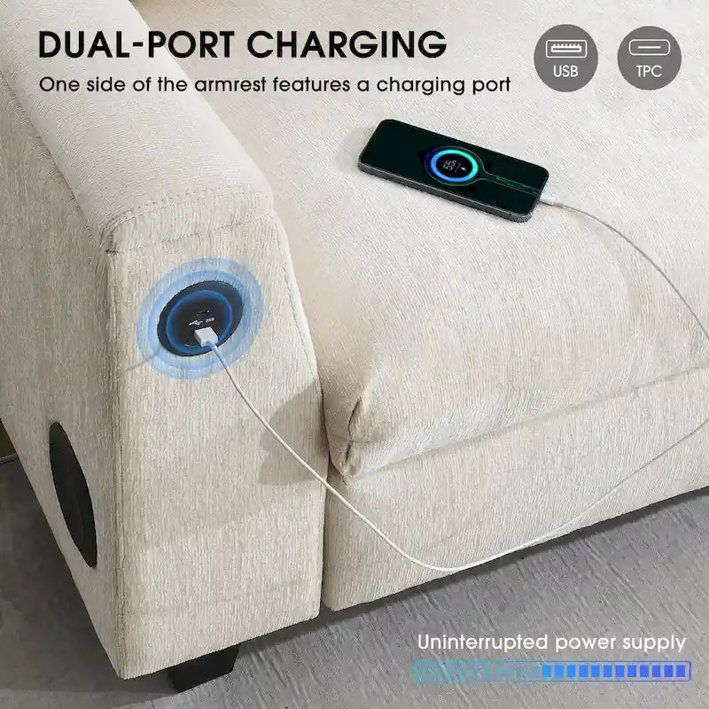 96  Chenille Smart Sectional Sofa with Bluetooth Speaker, Drop-Down Table & USB Charger and 3-Seater Cloud Couch