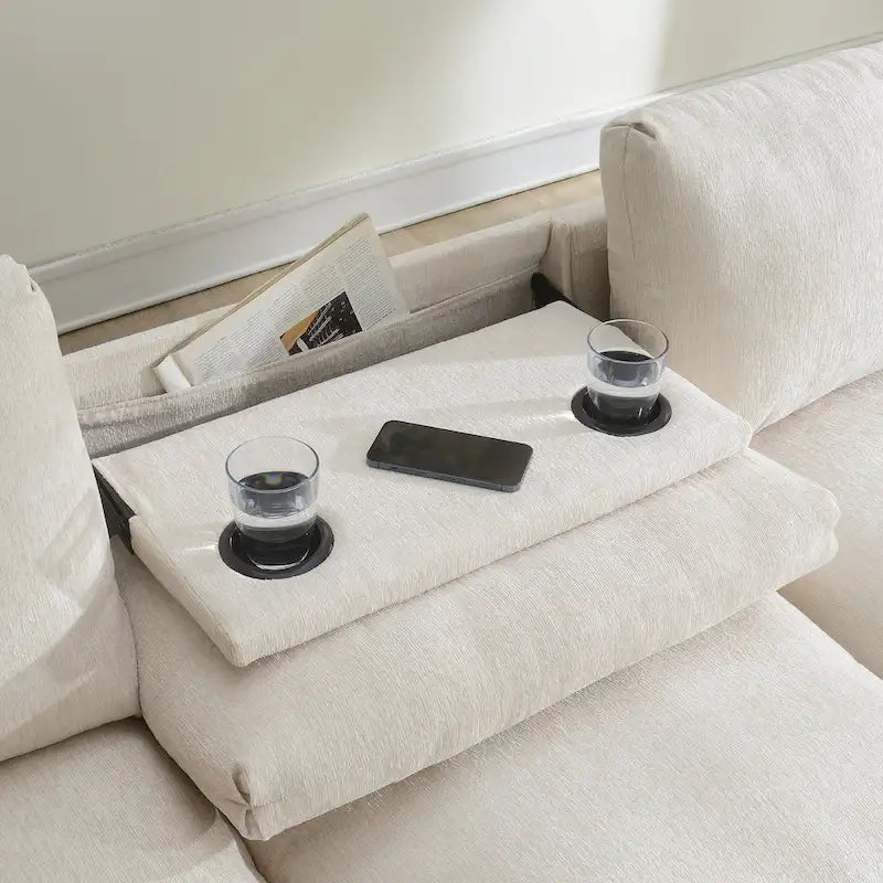 96  Chenille Smart Sectional Sofa with Bluetooth Speaker, Drop-Down Table & USB Charger and 3-Seater Cloud Couch