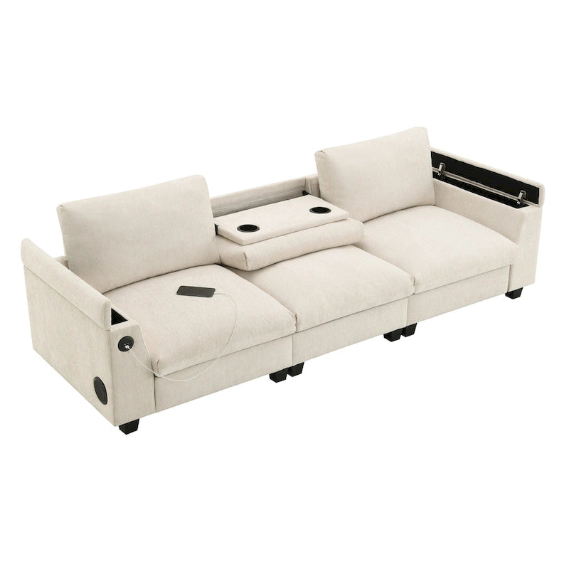 96  Chenille Smart Sectional Sofa with Bluetooth Speaker, Drop-Down Table & USB Charger and 3-Seater Cloud Couch