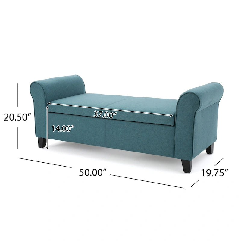 Shawn Storage Bench, 50 Inch, Rolled Arms, Solid Wood, Dark Teal Blue