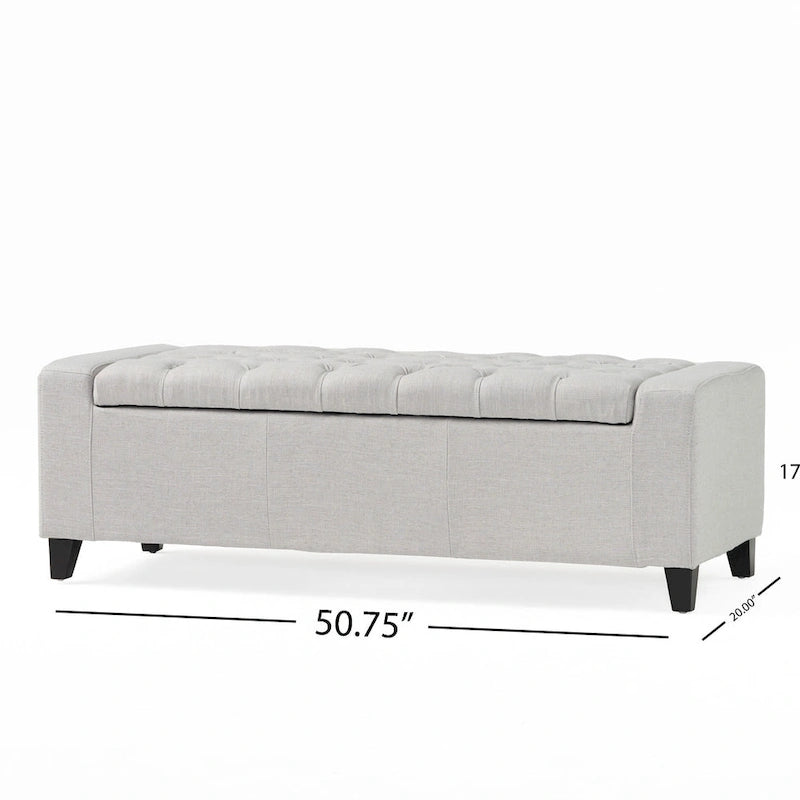 Liani Storage Ottoman Bench, Light Gray Fabric, Tufted Top, 51 Inch