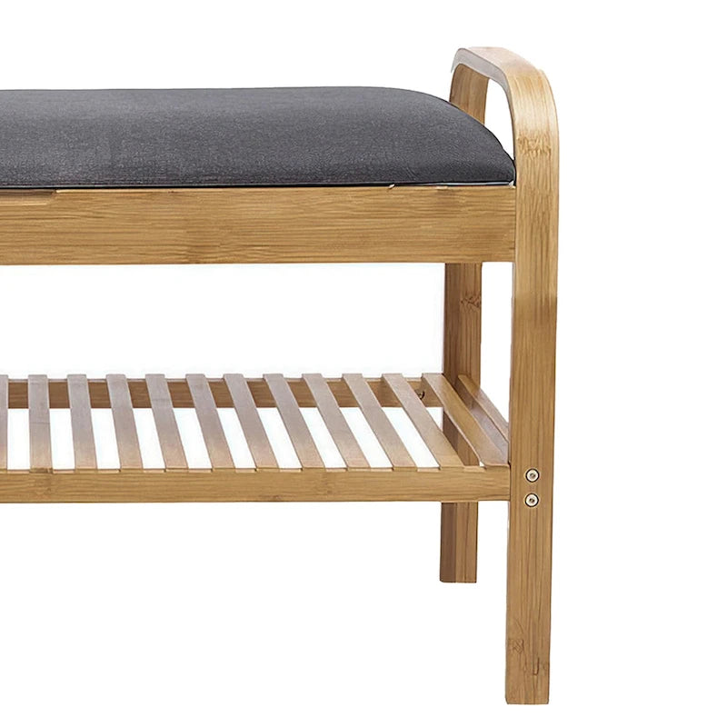 Mindy Shoe Storage Bench, Gray Polyester Seat, Walnut Brown Bamboo, 36 Inch