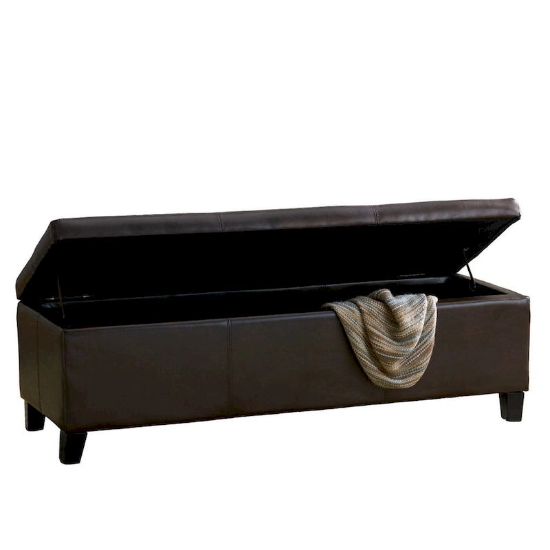 Elias Storage Ottoman Bench, Detailed Brown Faux Leather, 51 Inch