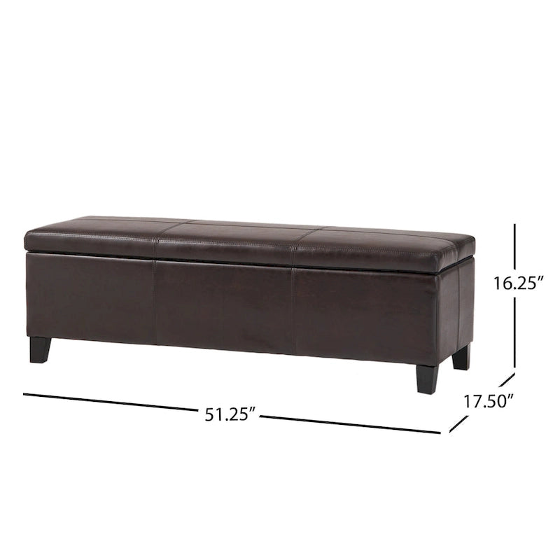 Elias Storage Ottoman Bench, Detailed Brown Faux Leather, 51 Inch