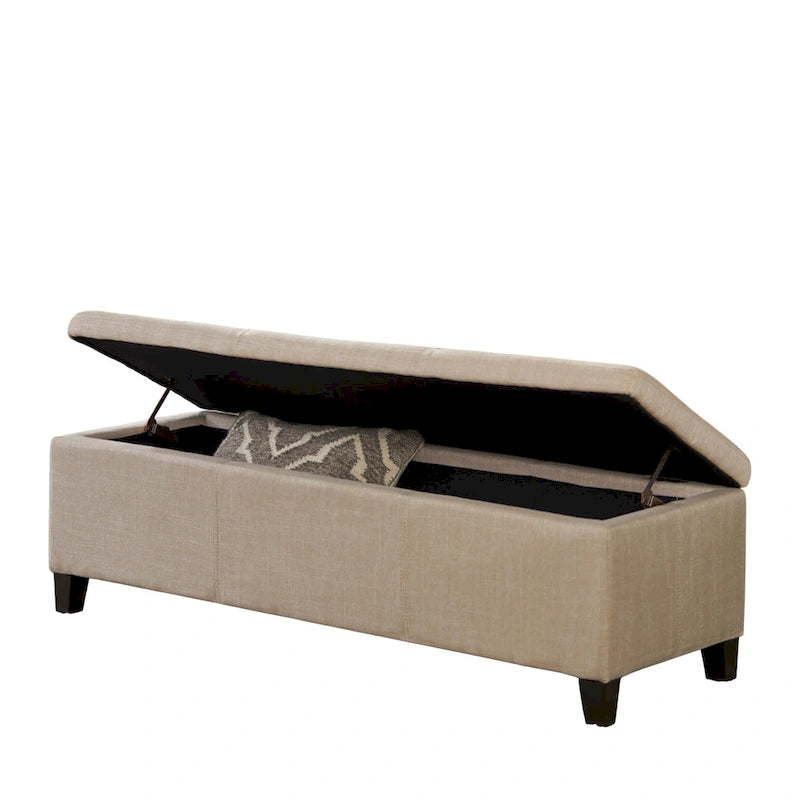 Elias Storage Ottoman Bench, Detailed Beige Faux Leather, 51 Inch
