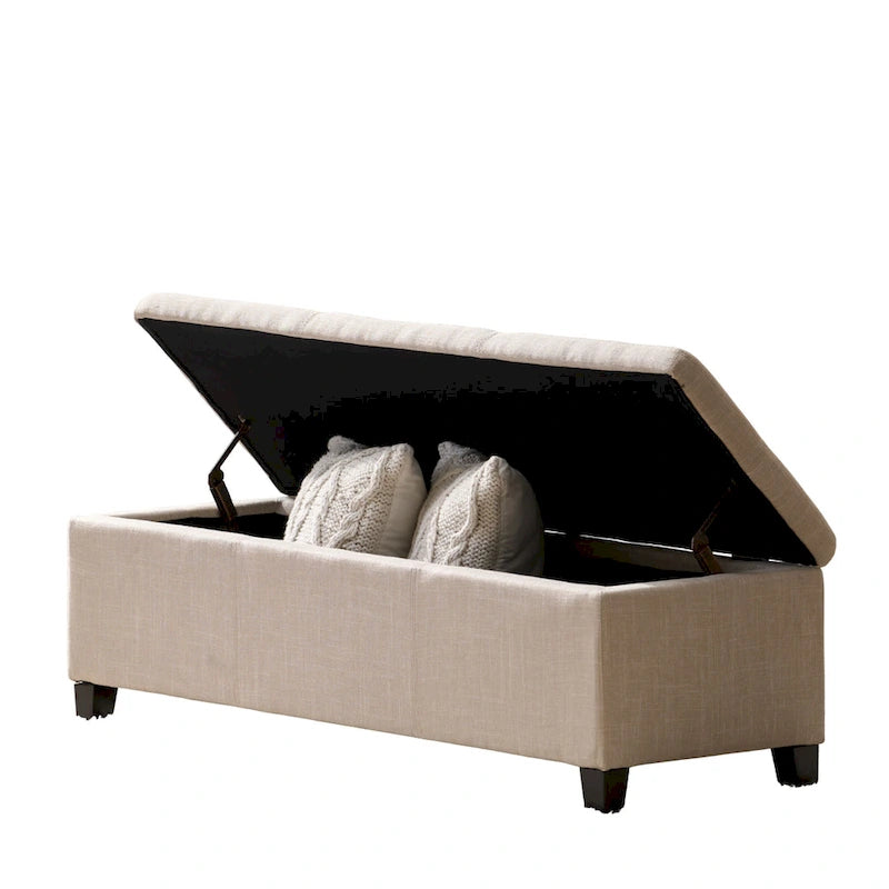 Elias Storage Ottoman Bench, Detailed Beige Faux Leather, 51 Inch