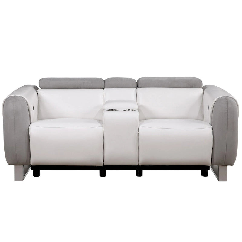 HomeRoots 77  Gray White And Silver Faux Leather and Microfiber Power Reclining Loveseat With Storage - 76.5' X '31.25' X '40