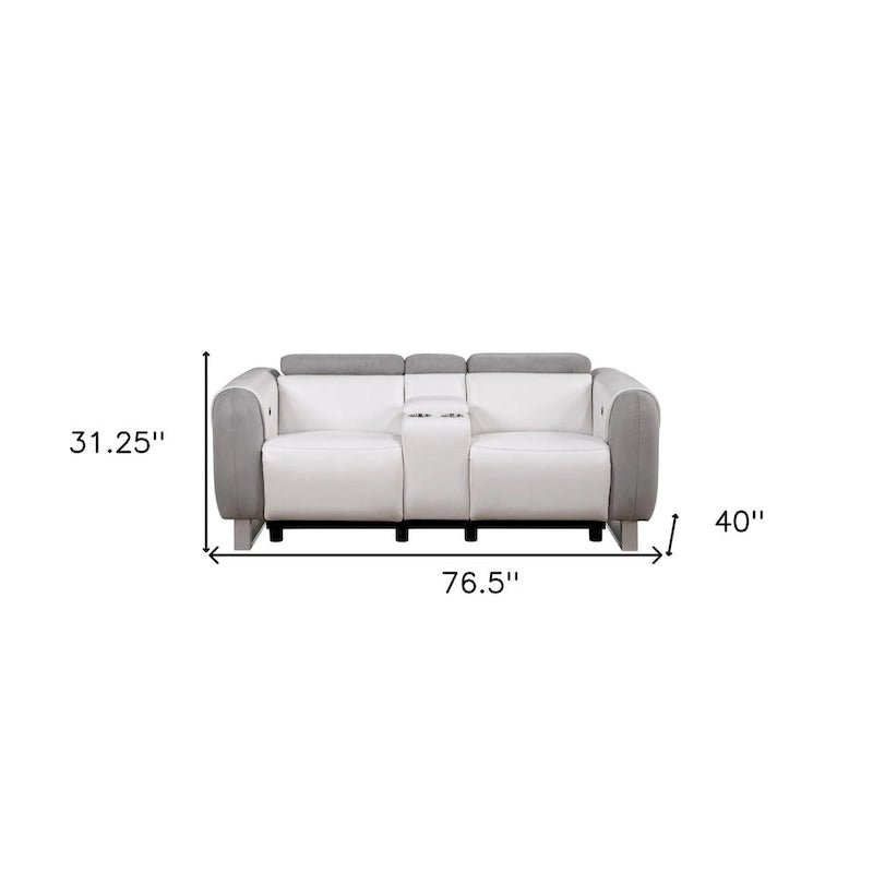 HomeRoots 77  Gray White And Silver Faux Leather and Microfiber Power Reclining Loveseat With Storage - 76.5' X '31.25' X '40