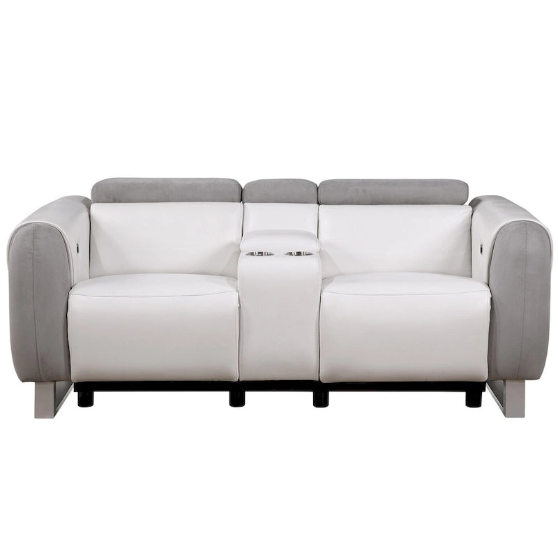 HomeRoots 77  Gray White And Silver Faux Leather and Microfiber Power Reclining Loveseat With Storage - 76.5' X '31.25' X '40