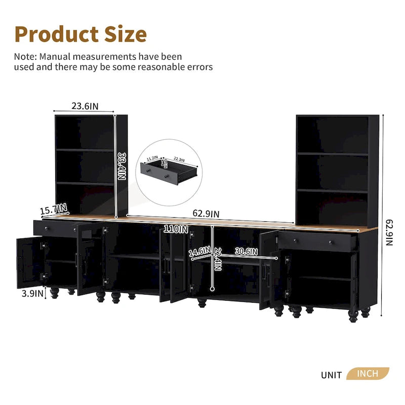 TV Stand with Bookshelves & Tempered Glass Doors, Entertainment Center with Adjustable Shelves for TVs up to 70