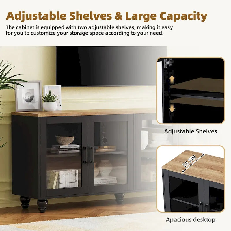 TV Stand with Bookshelves & Tempered Glass Doors, Entertainment Center with Adjustable Shelves for TVs up to 70