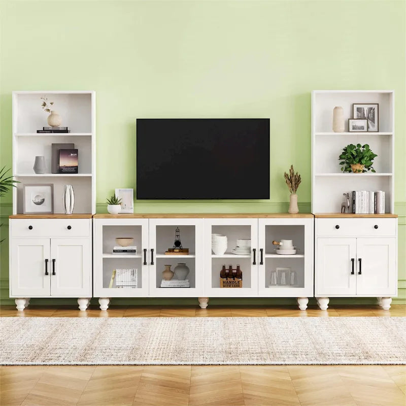 TV Stand with Bookshelves & Tempered Glass Doors, Entertainment Center with Adjustable Shelves for TVs up to 70
