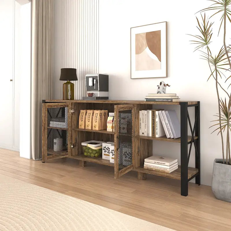 Industrial Farmhouse TV Stand with 4 Storage Shelf and 2 Storage Cabinets for Living Rooms and Kitchens
