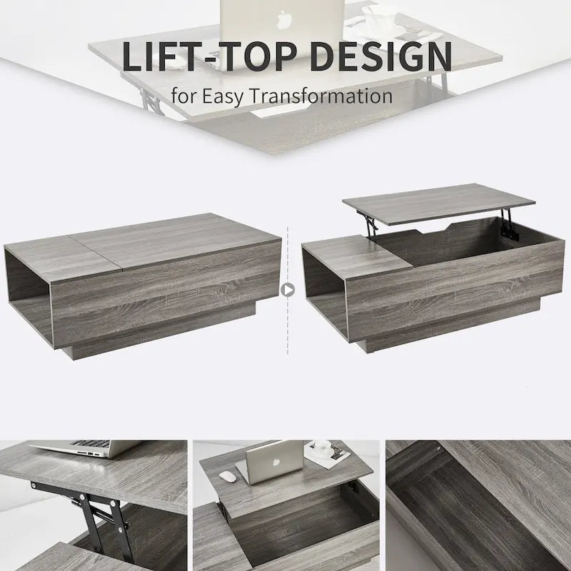 New Adjustable Top Coffee Table in Walnut or Grey, Rectangle Living Room Desk with Storage