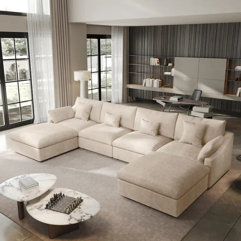 Minimalist Linen Sectional Sofa Down Filled Cloud Couch, U-Shape Deep Seat Couch with Cushions
