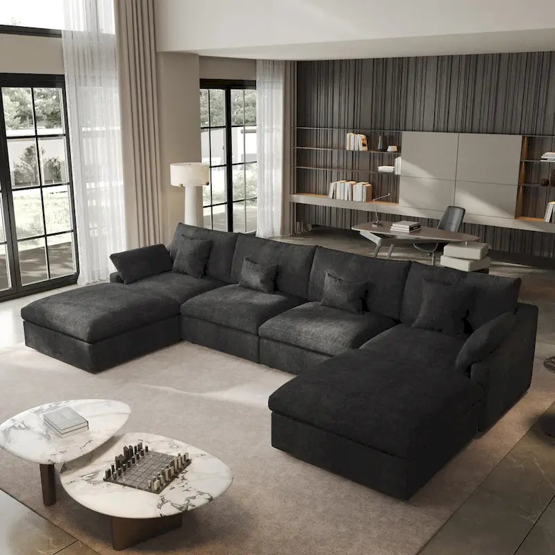 Minimalist Linen Sectional Sofa Down Filled Cloud Couch, U-Shape Deep Seat Couch with Cushions