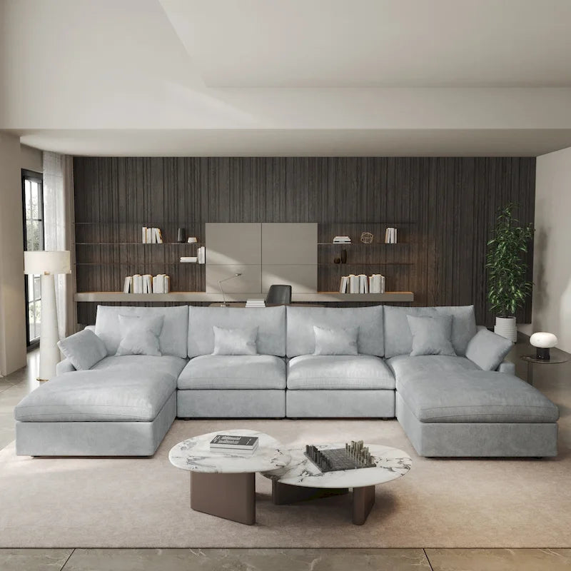 Minimalist Linen Sectional Sofa Down Filled Cloud Couch, U-Shape Deep Seat Couch with Cushions