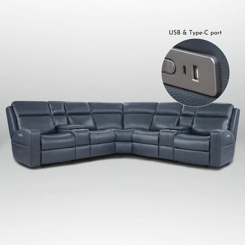110  W Width Genuine Leather Power Recliner Sectional with Storage, USB&USB-C Port for Living Room