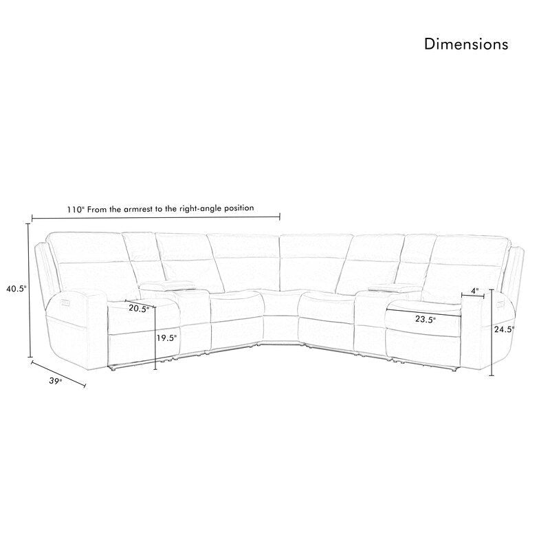 110  W Width Genuine Leather Power Recliner Sectional with Storage, USB&USB-C Port for Living Room