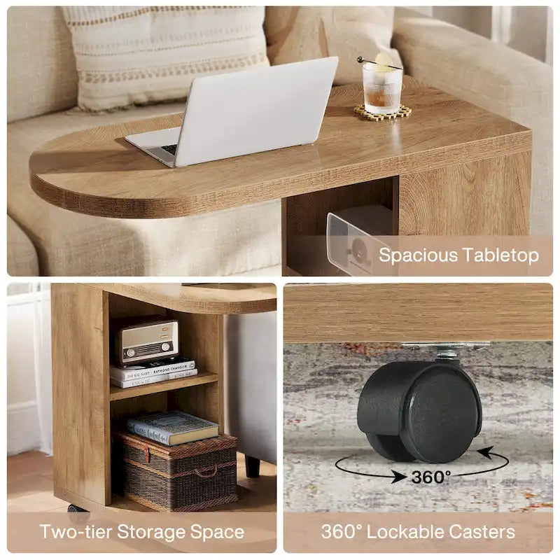 C Shaped Sofa Side Table, Mobile End Table with Storage