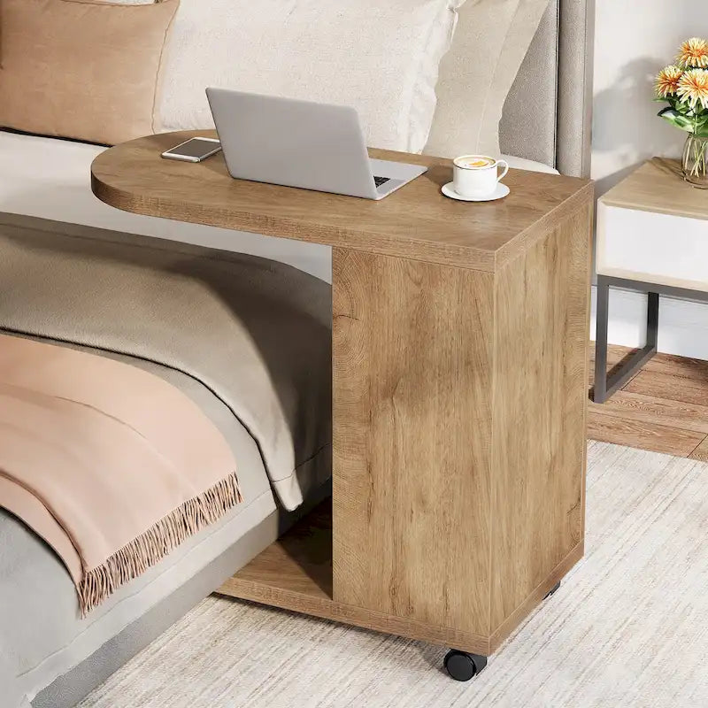 C Shaped Sofa Side Table, Mobile End Table with Storage