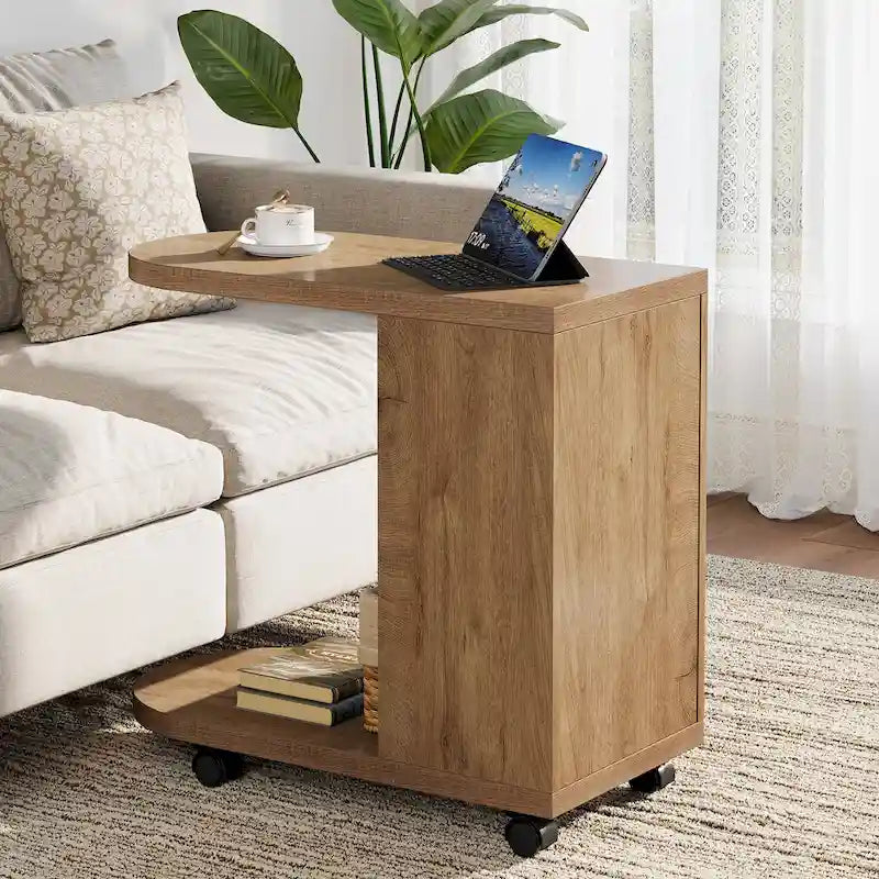 C Shaped Sofa Side Table, Mobile End Table with Storage