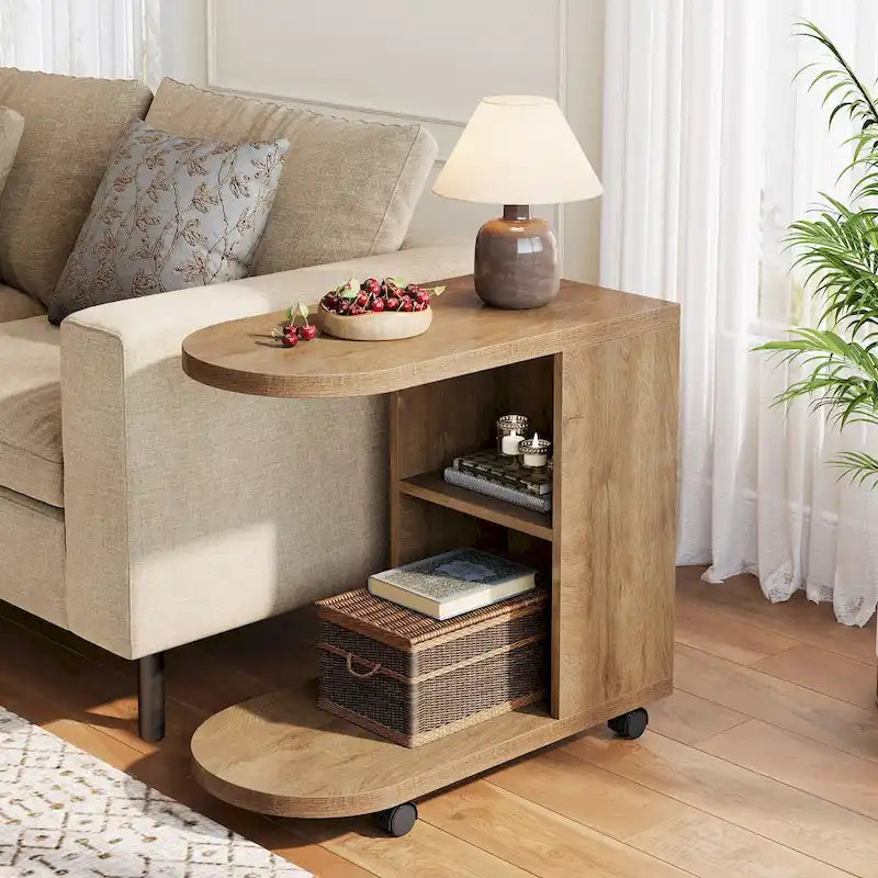 C Shaped Sofa Side Table, Mobile End Table with Storage