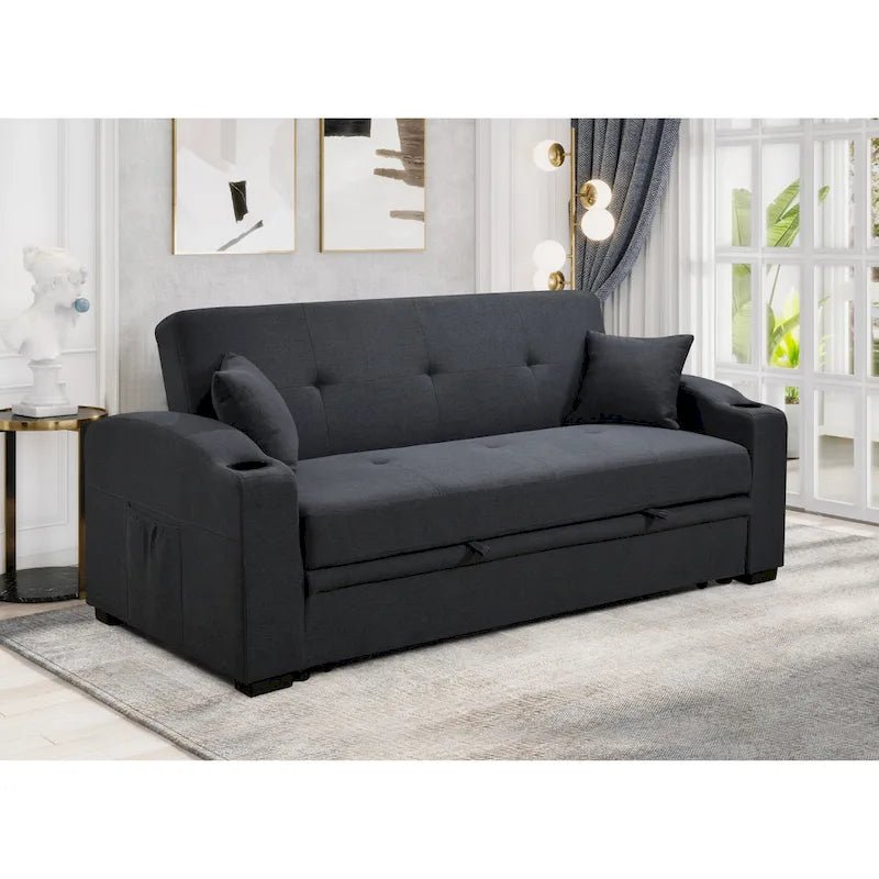 Roomfitters 75 Inch 3 in 1 Convertible Modern Sofa with Convenient Pull Out Bed, Reclining Backrest, Cup Holders, Pillows