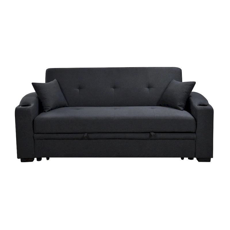 Roomfitters 75 Inch 3 in 1 Convertible Modern Sofa with Convenient Pull Out Bed, Reclining Backrest, Cup Holders, Pillows