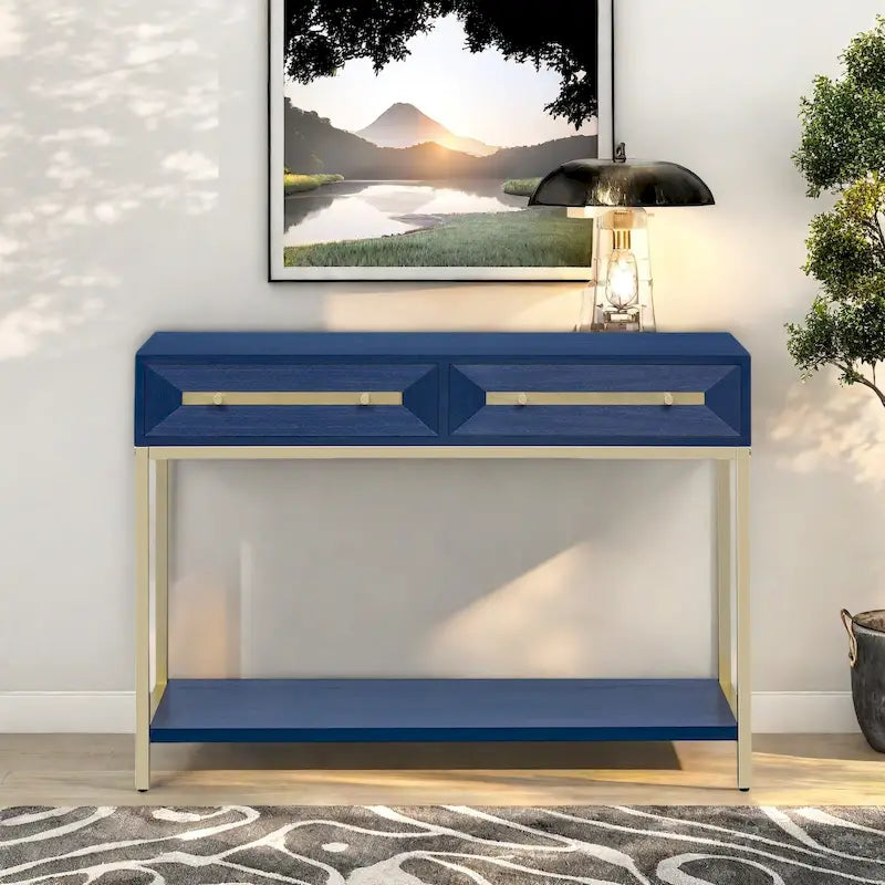 45.5  MDF Retro Console Table with Gold Accents, 2 Storage Drawers and Geometric Design