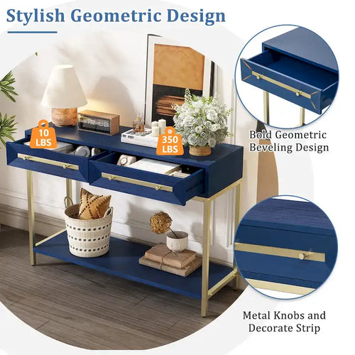 45.5  MDF Retro Console Table with Gold Accents, 2 Storage Drawers and Geometric Design