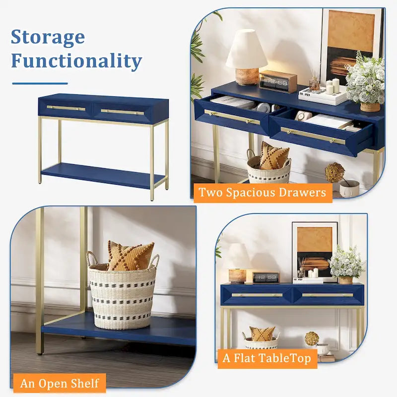45.5  MDF Retro Console Table with Gold Accents, 2 Storage Drawers and Geometric Design