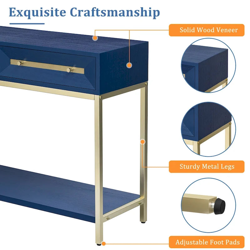 45.5  MDF Retro Console Table with Gold Accents, 2 Storage Drawers and Geometric Design