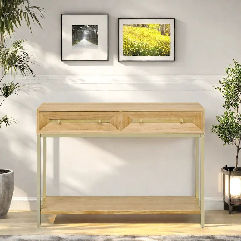45.5  MDF Retro Console Table with Gold Accents, 2 Storage Drawers and Geometric Design