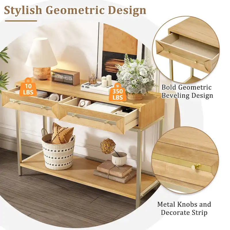 45.5  MDF Retro Console Table with Gold Accents, 2 Storage Drawers and Geometric Design