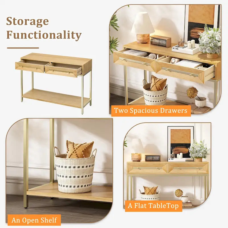 45.5  MDF Retro Console Table with Gold Accents, 2 Storage Drawers and Geometric Design