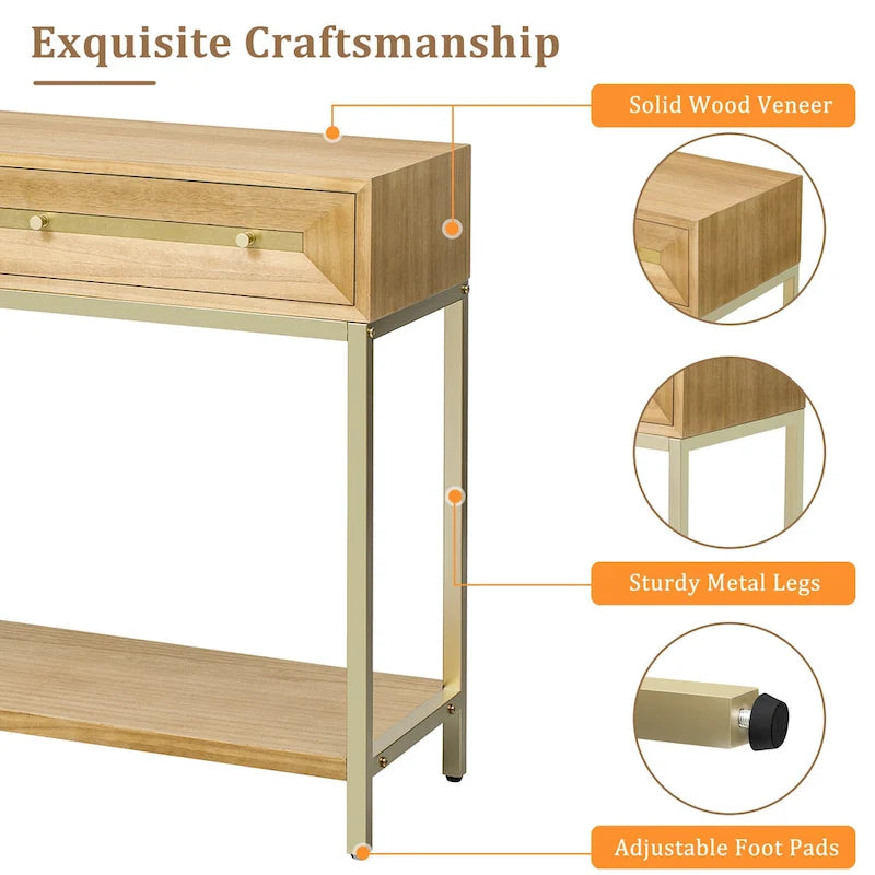45.5  MDF Retro Console Table with Gold Accents, 2 Storage Drawers and Geometric Design