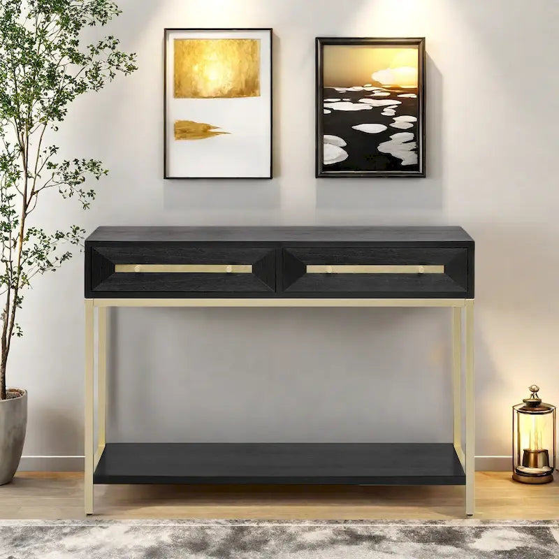 45.5  MDF Retro Console Table with Gold Accents, 2 Storage Drawers and Geometric Design
