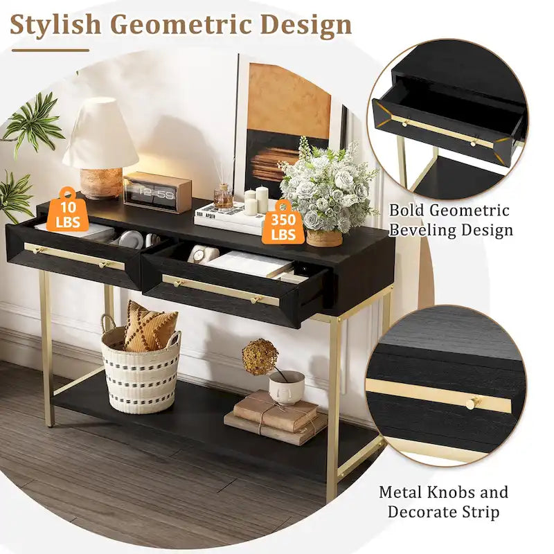 45.5  MDF Retro Console Table with Gold Accents, 2 Storage Drawers and Geometric Design