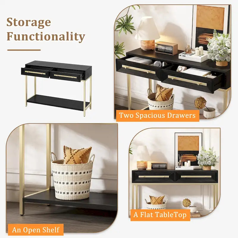45.5  MDF Retro Console Table with Gold Accents, 2 Storage Drawers and Geometric Design