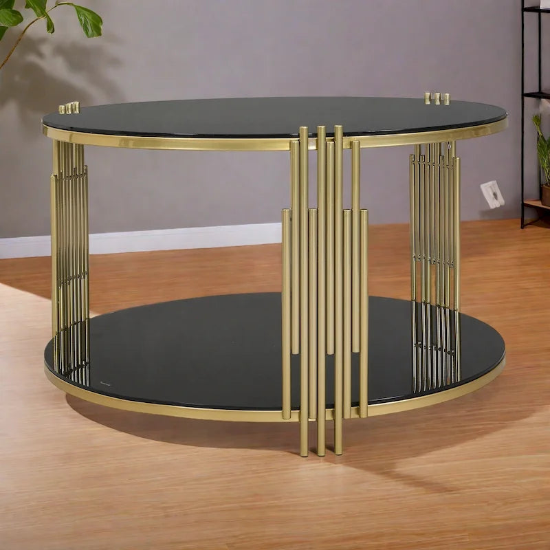 31.5  Tempered Glass Coffee Table with Asymmetrical Metal Design and Lower Shelf