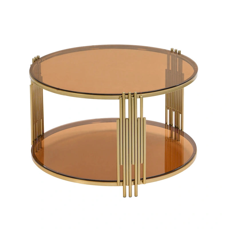 31.5  Tempered Glass Coffee Table with Asymmetrical Metal Design and Lower Shelf