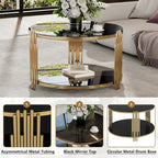 31.5  Tempered Glass Coffee Table with Asymmetrical Metal Design and Lower Shelf