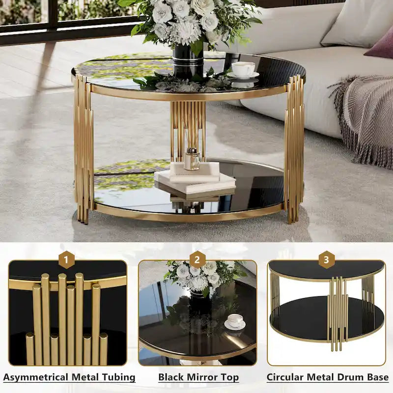 31.5  Tempered Glass Coffee Table with Asymmetrical Metal Design and Lower Shelf
